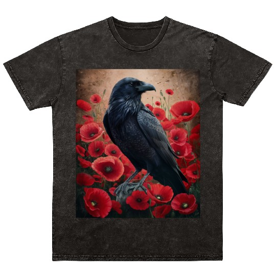 Raven Red Poppies Gothic Nature Art natural Mineral Wash T Shirts