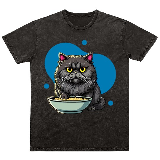 Persian Cat with Food Bowl - Adorable Cartoon Styl Mineral Wash T Shirts