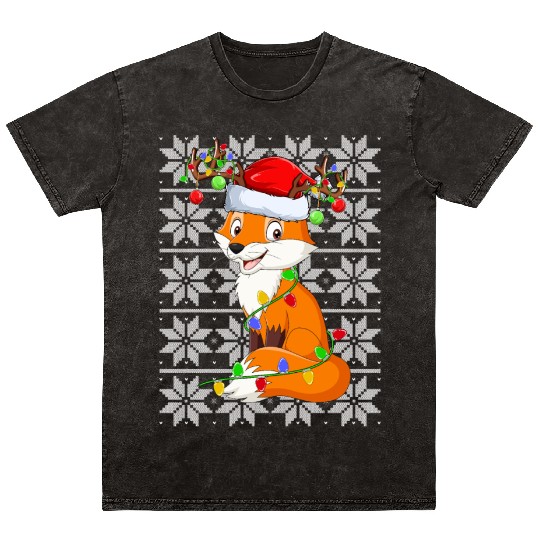 Fox Reindeer Christmas Lights Mineral Wash T Shirts