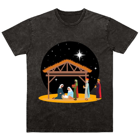 Christmas Holiday Manger Nativity Scene Mineral Wash T Shirts