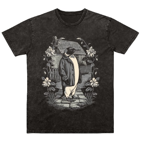 Dark Cottagecore Penguin in Vintage Garden Mineral Wash T Shirts