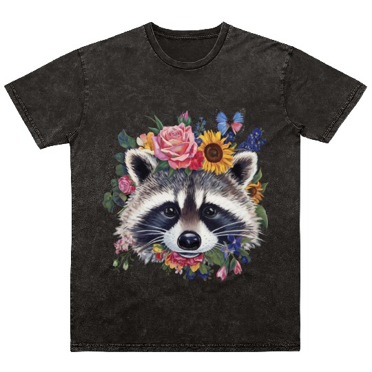 Floral Raccoon Face Raccoon Cottagecore Botanical Mineral Wash T Shirts