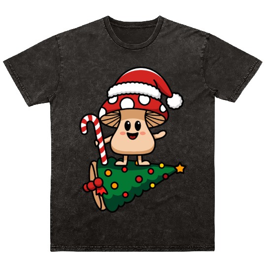 Christmas Mushroom Wearing Santa Hat Mineral Wash T Shirts