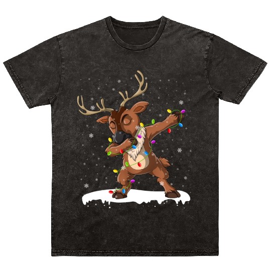 Funny Christmas Dabbing Reindeer Xmas Deer Mineral Wash T Shirts