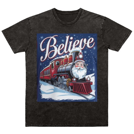 Believe Train North Pole Xmas Santa Claus Christma Mineral Wash T Shirts