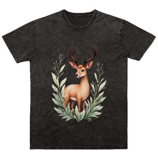 Watercolor Deer in Forest Hues Mineral Wash T Shirts