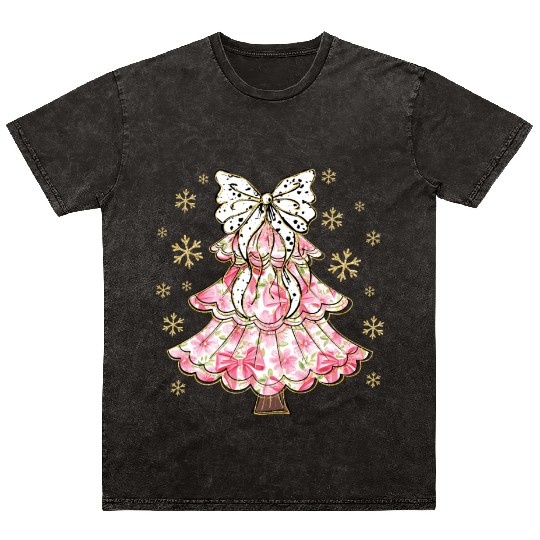 Preppy Pink Coquette Bow Xmas Tree Mineral Wash T Shirts