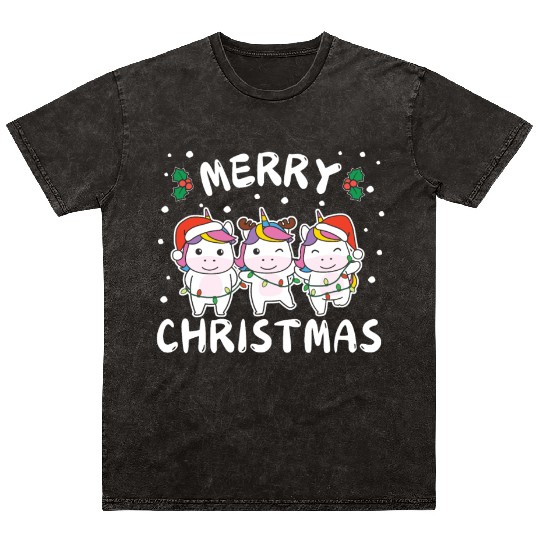 Merry Christmas Cute Unicorn Festive Lights Mineral Wash T Shirts