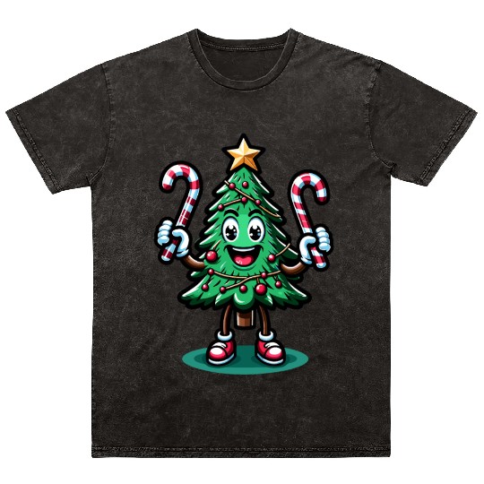 Happy Christmas Tree With Candy Canes Retro Mineral Wash T Shirts