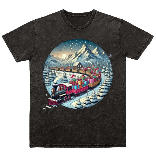 Christmas Train of Gifts through Snowy Peaks Mineral Wash T Shirts