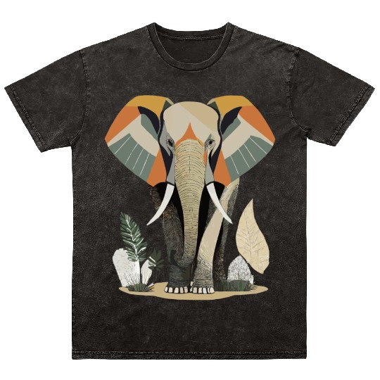 Geometric Elephant Nature Scene Mineral Wash T Shirts