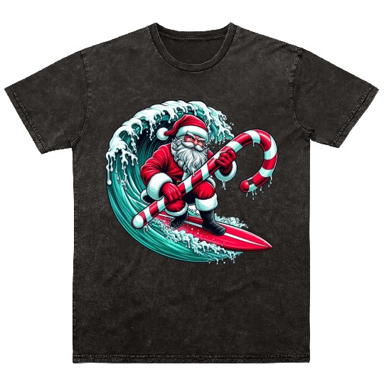 Santa Surfing Candy Cane Wave - Christmas Gifts Mineral Wash T Shirts