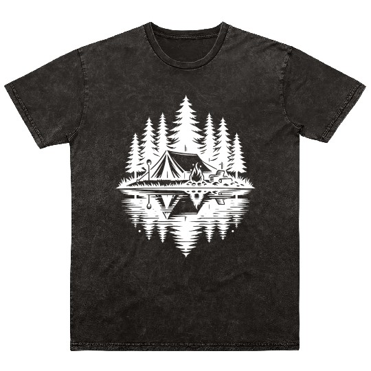 Camping By The Lake In The Forest Campfire Nature Mineral Wash T Shirts