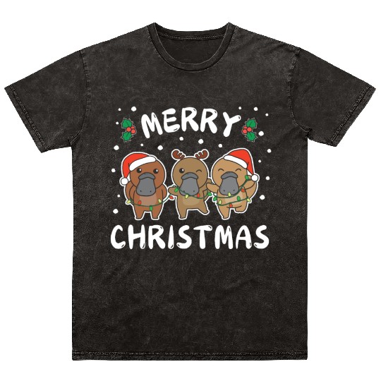 Merry Christmas Cute Platypus Festive Lights Mineral Wash T Shirts
