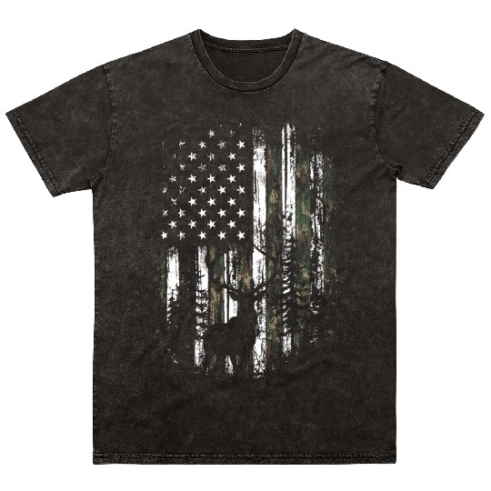 Camo US Flag Deer Elk Buck Camoflage Hunting Mineral Wash T Shirts