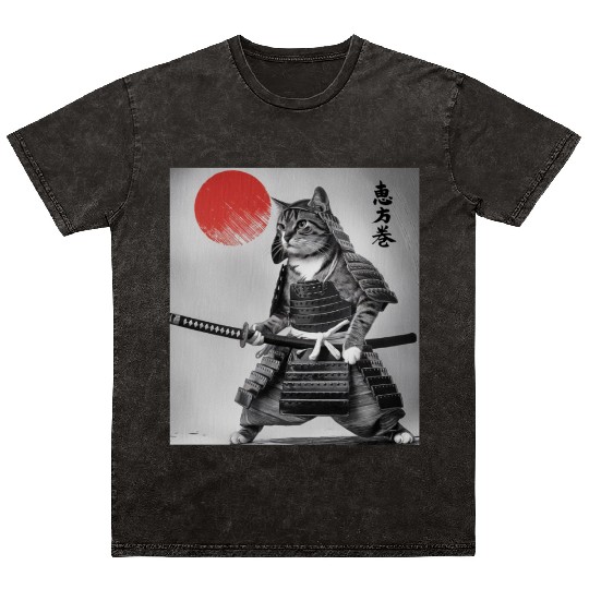 Kawaii Japanese Samurai Cat Vintage Japanese Cat Mineral Wash T Shirts
