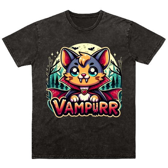 Cute Vampire Cat Halloween Design Mineral Wash T Shirts