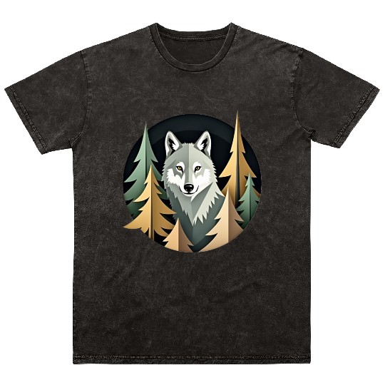 Wolf and Nature Geometric Pattern Mineral Wash T Shirts