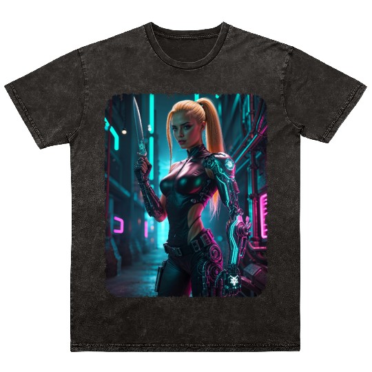 Cyberpunk women Warrior Mineral Wash T Shirts