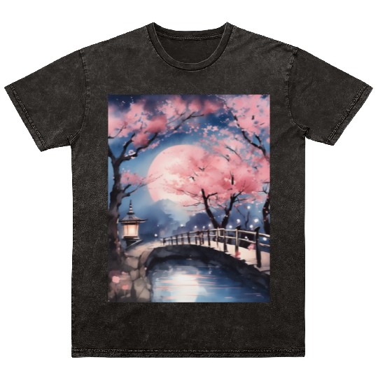 Watercolor cherry blossom festival full moon Mineral Wash T Shirts