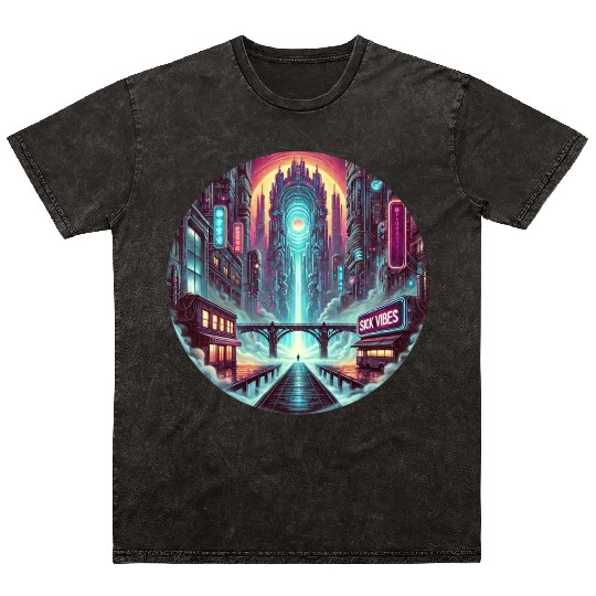 Cyberpunk Portal Cityscape - Futuristic Neon Sci-F Mineral Wash T Shirts