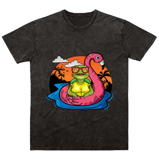 Funny Sea Turtle Swimming Flamingo Pool Sea Turtle Mineral Wash T Shirts