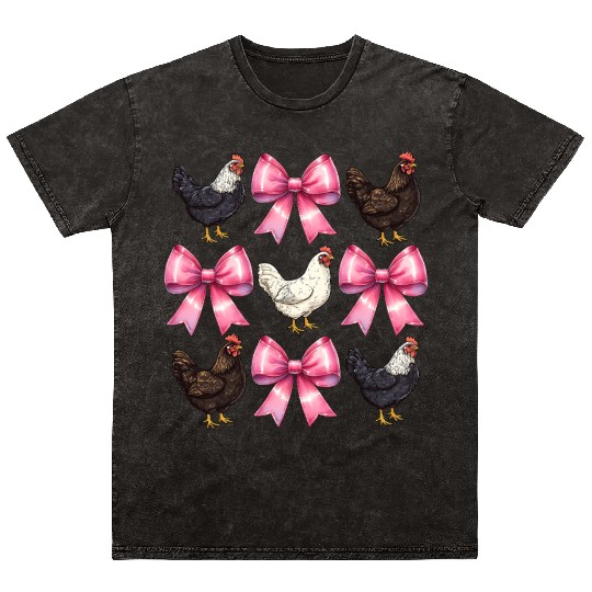 Coquette Bow Chicken Farm Farmer Pink Mothers Day Mineral Wash T Shirts