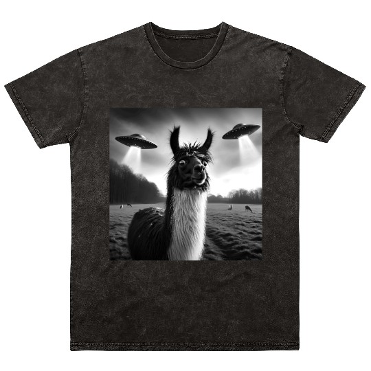 Llama alpaca Funny Graphic Selfie with UFOs Weird Mineral Wash T Shirts