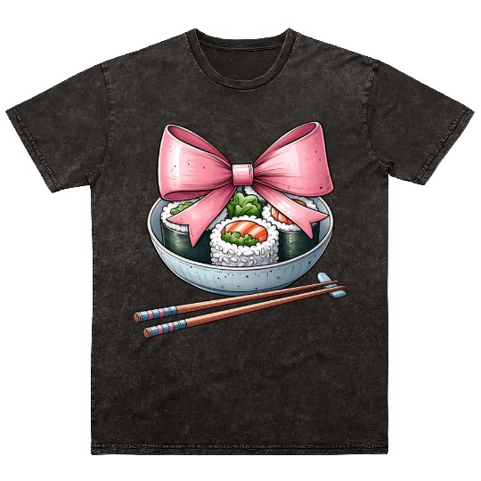 Coquette Bow Sushi Japanese Food Pink Ribbon Mom Mineral Wash T Shirts