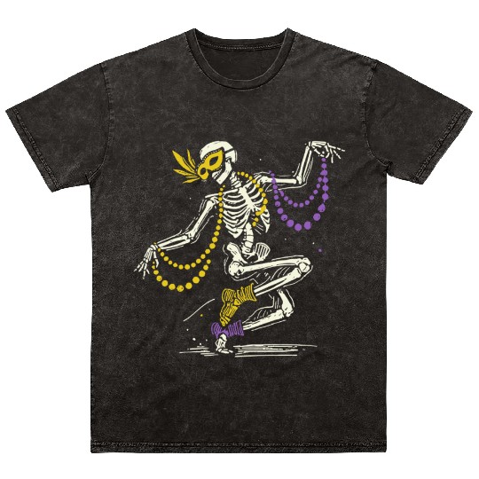 Mardi Gras Skeleton Dance Beads Mask Fun Mineral Wash T Shirts