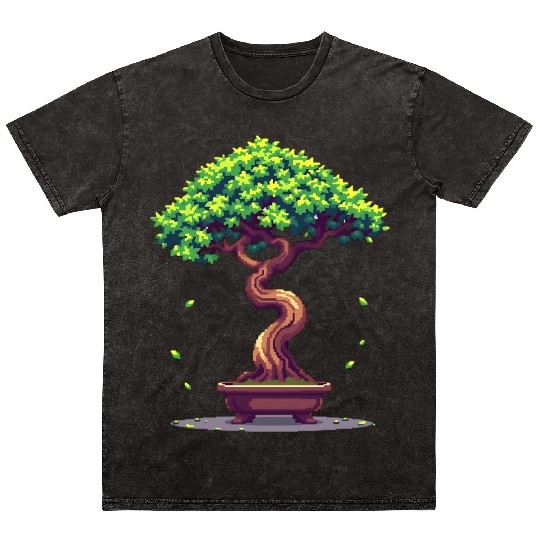 Pixel Bonsai Tree – Retro Nature Serenity Mineral Wash T Shirts