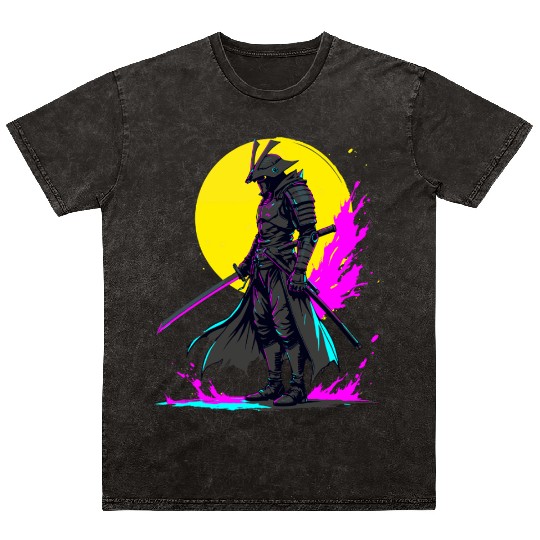Cyberpunk Samurai Warrior Neon Art Design Mineral Wash T Shirts
