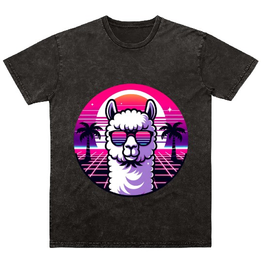 Retro Sunset Llama with Sunglasses in Neon Vibes Mineral Wash T Shirts