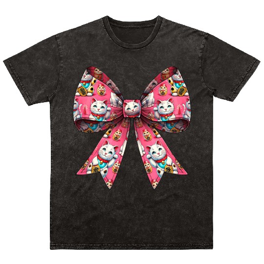 Coquette Bow Maneki Neko Japanese Cat Lucky Pink Mineral Wash T Shirts