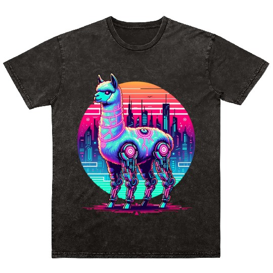 Futuristic Cyber Llama in Neon Cityscape Mineral Wash T Shirts