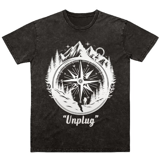 Compass Mountains Hiker, Unplug Nature Adventure Mineral Wash T Shirts