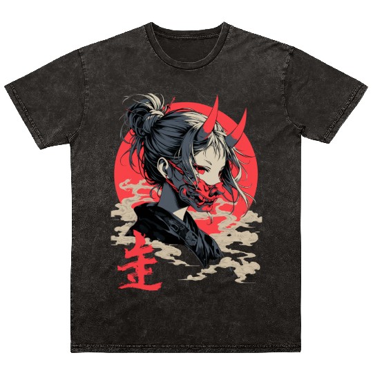 Beautiful Japanese Demon Anime Girl Waifu Geisha Mineral Wash T Shirts