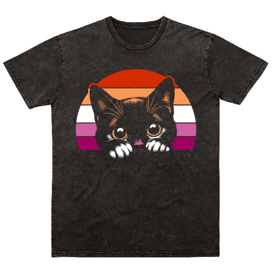 Lesbian Pride Peeking Cat Retro Sunset Aesthetic Mineral Wash T Shirts