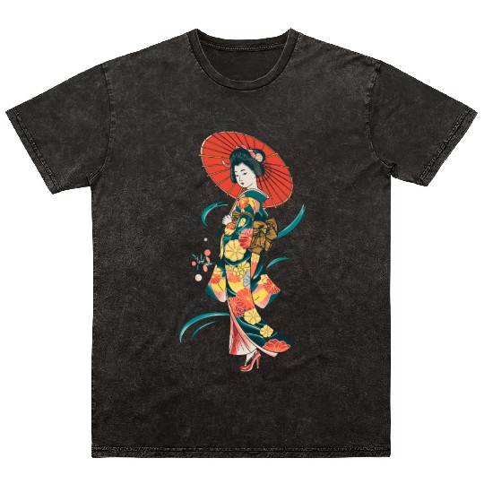 Elegant Geisha with Red Parasol and Floral Kimono Mineral Wash T Shirts