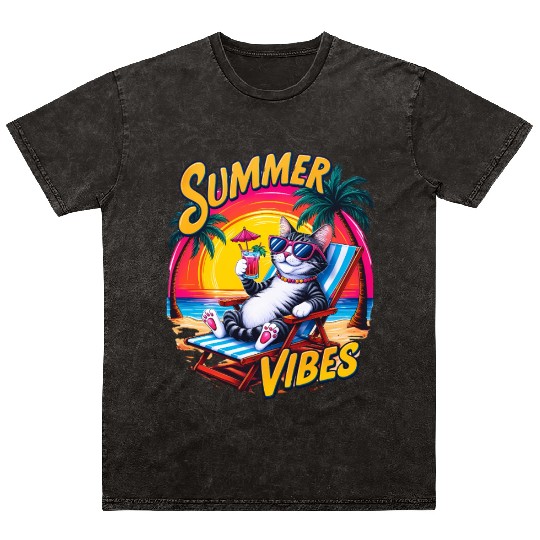 Summer Vibes Mineral Wash T Shirts, Relaxed Cat with Summer Text