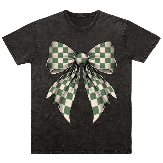 Coquette Bow Green Cream Classic Checkered Pattern Mineral Wash T Shirts