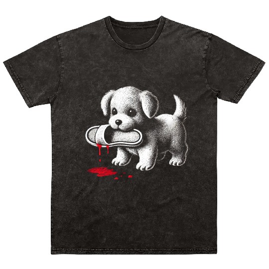 Cute Puppy with Slipper Mineral Wash T Shirts Dark Humor Dog Lover