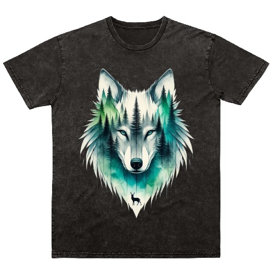 Majestic Wolf with Nature Elements Design Mineral Wash T Shirts