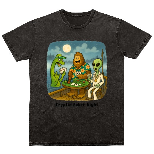Bigfoot, Nessie and an Alien Play Poker - Cryptid Mineral Wash T Shirts
