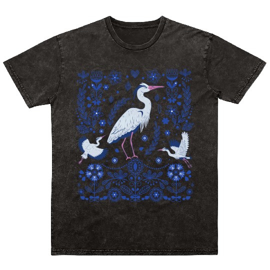 Great Blue Heron Folk Art Mineral Wash T Shirts