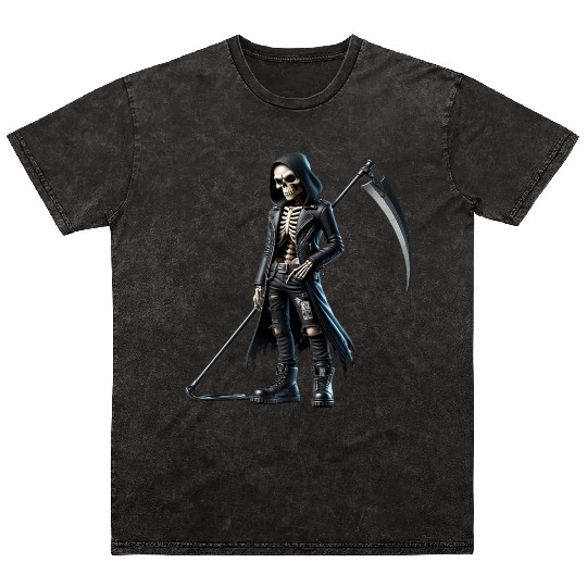 Dark Skeleton Warrior with Scythe and Hooded Jacke Mineral Wash T Shirts