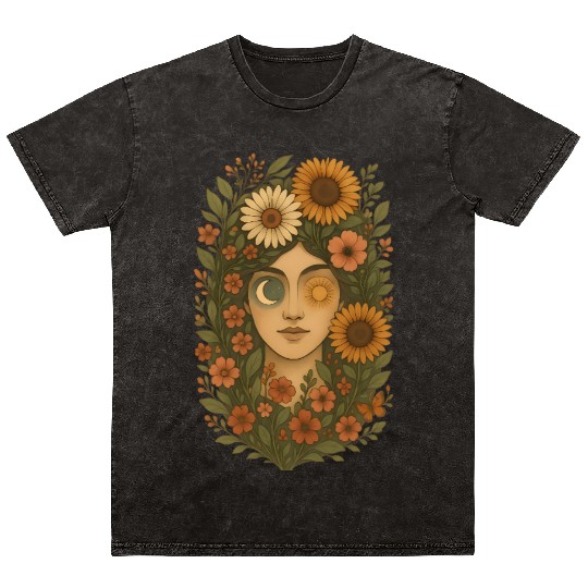 Celestial Floral Woman Art Mineral Wash T Shirts