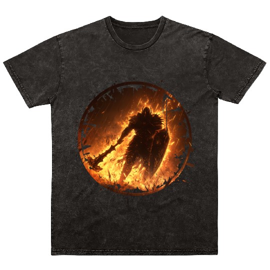 Fire Armored Warrior with Burning Shield and Axe Mineral Wash T Shirts