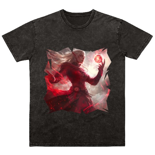 Mystical Fire Elf Holding Glowing Spell Orb Art Mineral Wash T Shirts