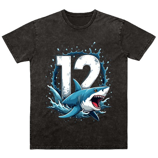 Shark Children Birthday Number 12 Splashing Fun Mineral Wash T Shirts